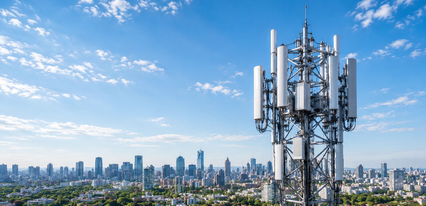 A telecommunications tower overlooking a city skyline.